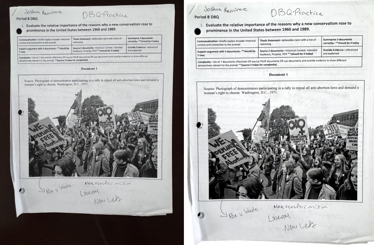 Side-by-side APUSH Period 8 DBQ worksheet before and after OpenCV processing; the left image has dark table background and perspective skew, while the right image is brighter, straighter, and cropped close to the page
