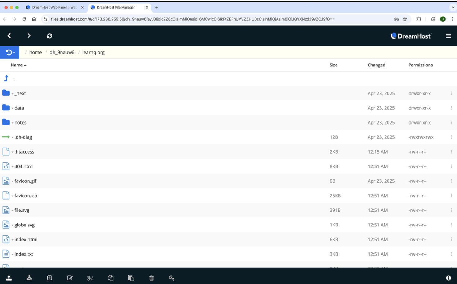DreamHost file manager open to the learnq.org directory with _next, data, notes, .htaccess, 404.html, favicon, and index files