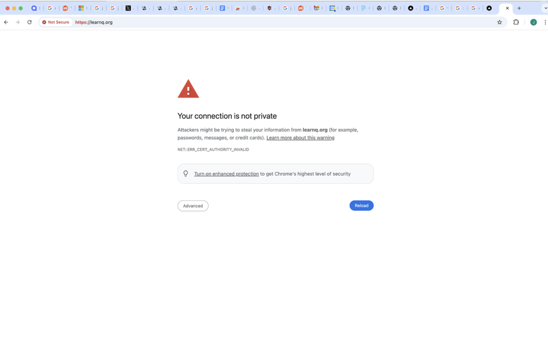Chrome warning page for https://learnq.org saying Your connection is not private with NET::ERR_CERT_AUTHORITY_INVALID