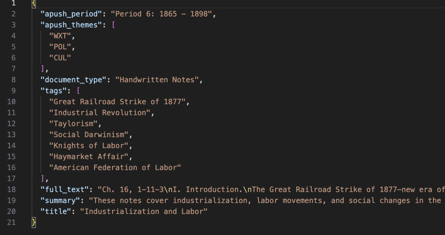 Code editor showing Gemini JSON metadata for an APUSH note with apush_period Period 6: 1865 - 1898, themes WXT POL CUL, document_type Handwritten Notes, tags including Great Railroad Strike of 1877 and Haymarket Affair, full_text, summary, and title Industrialization and Labor