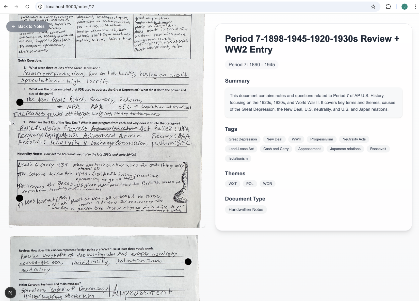APUSH note detail page on localhost showing a scanned Period 7 review page on the left and a metadata panel on the right titled Period 7-1898-1945-1920-1930s Review + WW2 Entry with summary, tags, themes, and document type