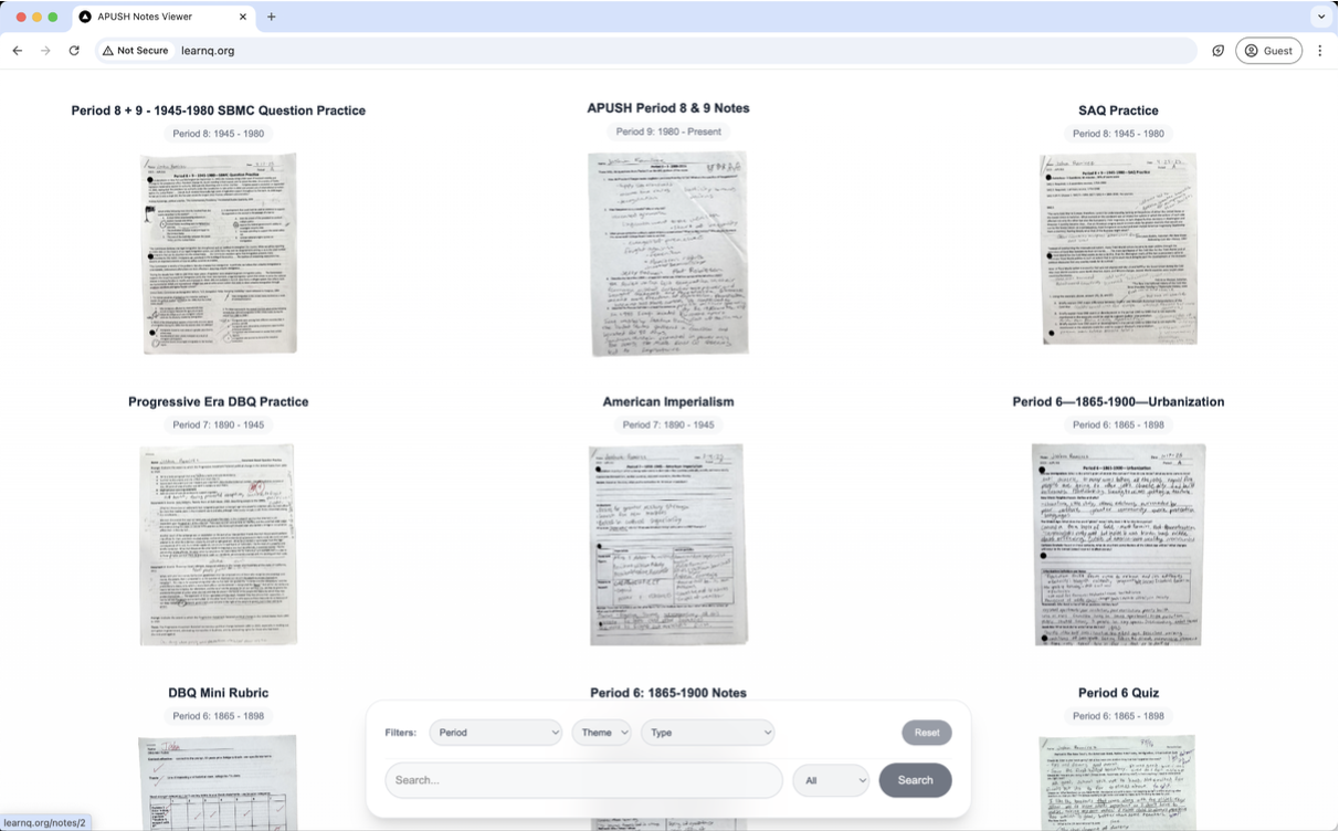 APUSH Notes Viewer grid at learnq.org showing scanned note cards for Period 8 and 9 practice, SAQ Practice, Progressive Era DBQ Practice, American Imperialism, Period 6 Urbanization, and a floating filter and search bar