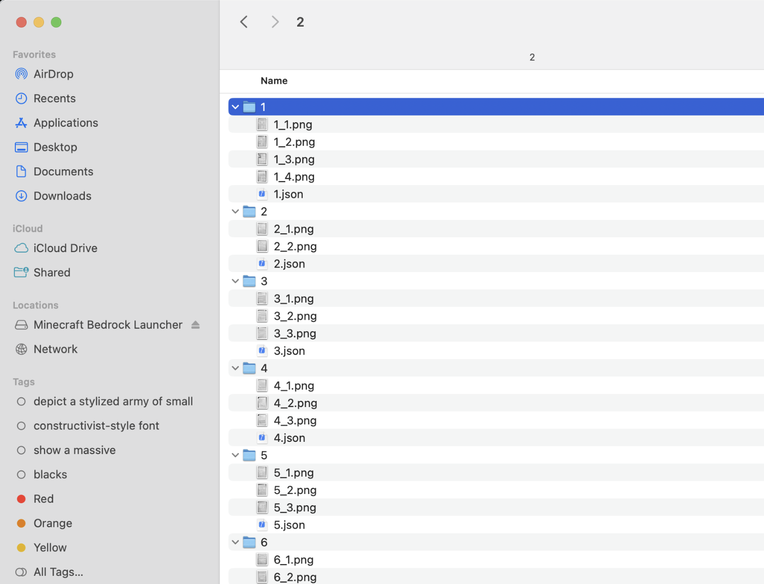 macOS Finder list view showing APUSH packet folders expanded with cleaned PNG pages and matching JSON metadata files such as 1.json, 2.json, 3.json, 4.json, and 5.json