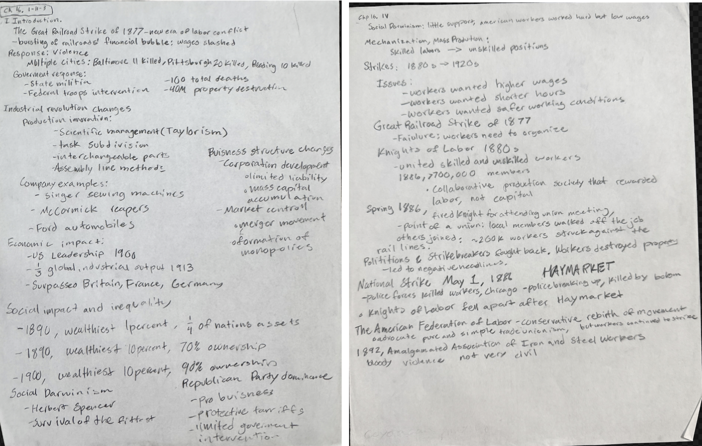 Two photographed handwritten APUSH notes pages about industrialization, the Great Railroad Strike of 1877, Taylorism, Social Darwinism, labor unions, Haymarket, and the American Federation of Labor