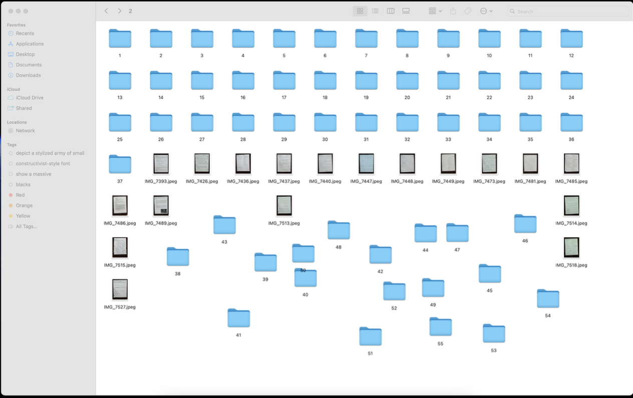 macOS Finder showing a messy APUSH image directory with numbered folders 1 through 55 mixed with raw IMG_7393.jpeg style page photos