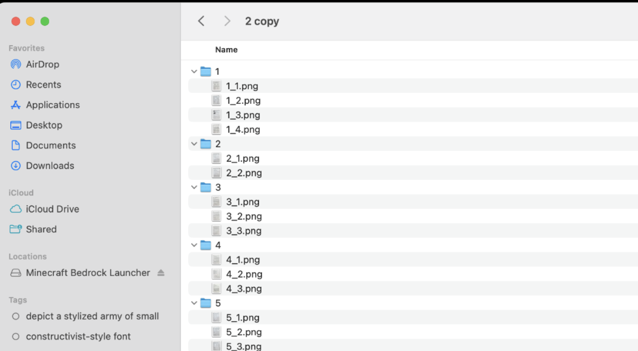 macOS Finder list view showing APUSH packet folders where folder 1 contains 1_1.png, 1_2.png, 1_3.png, 1_4.png; folder 2 contains 2_1.png and 2_2.png; and later folders continue the same pattern