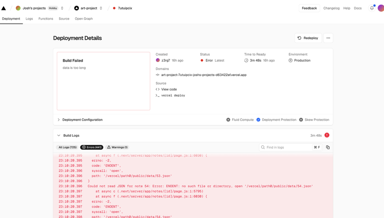 Vercel deployment details page showing Build Failed with the message data is too long and build logs reporting missing public data JSON files