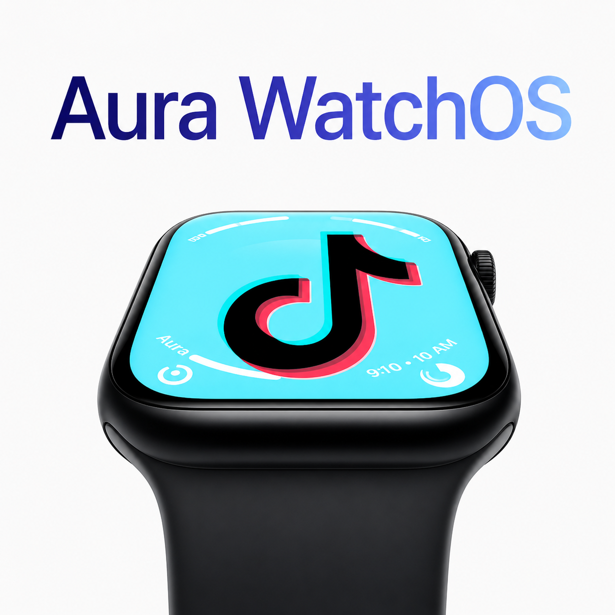 Aura WatchOS title graphic with large blue Aura WatchOS text above an Apple Watch face showing a TikTok-style logo and circular playback interface