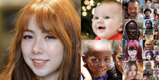 Collage of sample real faces from FFHQ (Flickr-Faces-HQ) by NVlabs — a single high-resolution portrait alongside a grid of diverse faces spanning age, ethnicity, lighting, and pose, originally a GAN benchmark dataset