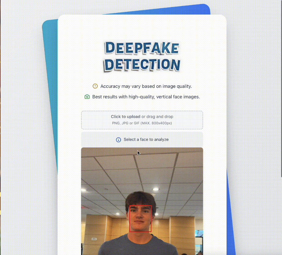Deepfake Detection web app after upload — centered white card with upload guidance and an uploaded portrait of a young man, with a red bounding box marking the selected face to analyze