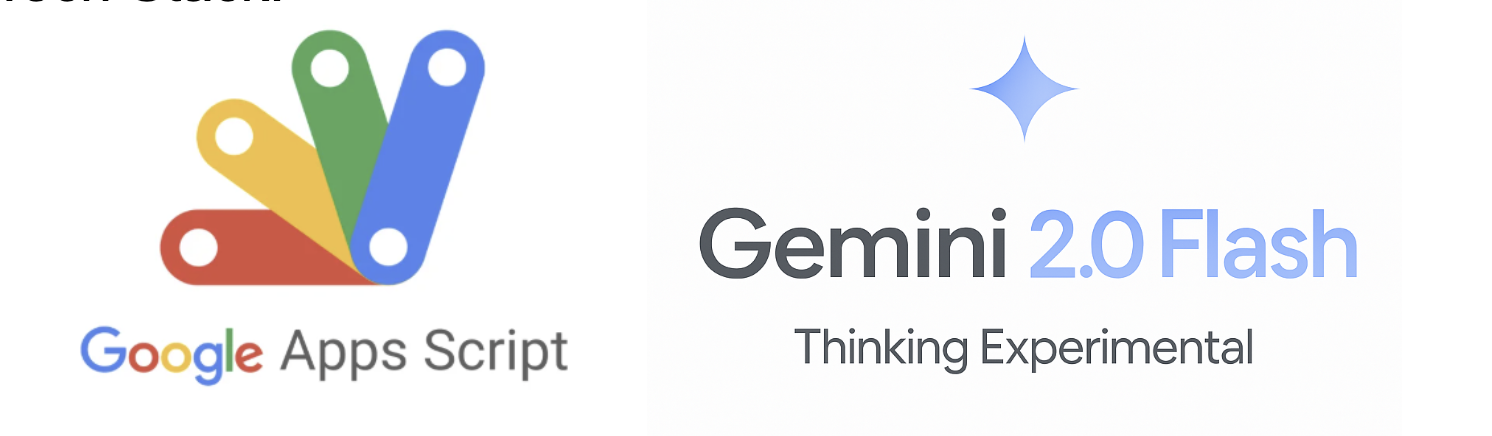 Side-by-side presentation graphic with the Google Apps Script logo on the left and Gemini 2.0 Flash Thinking Experimental wordmark on the right