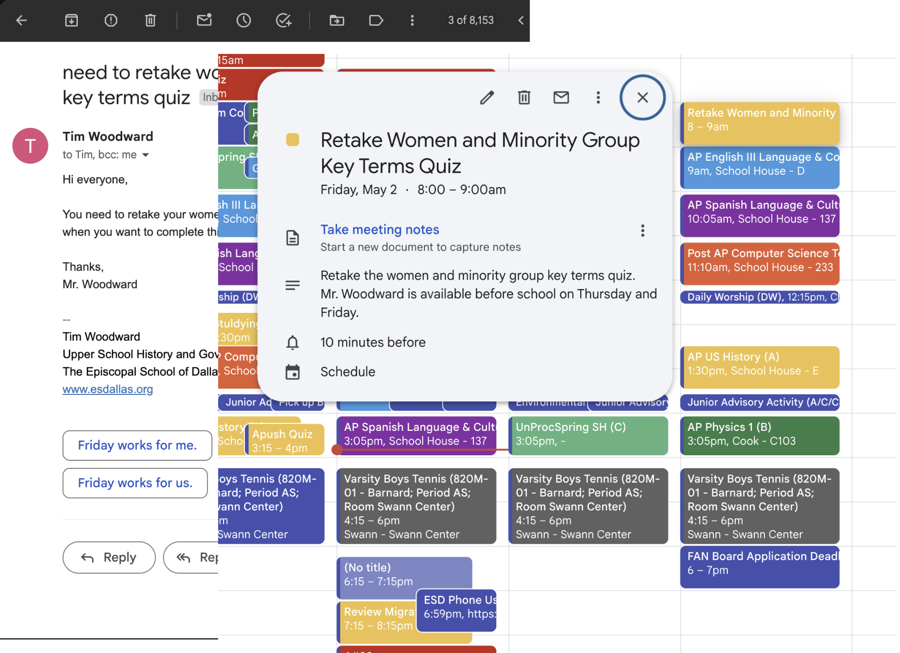 Gmail reminder email from Tim Woodward beside a Google Calendar event popup titled Retake Women and Minority Group Key Terms Quiz, scheduled Friday May 2 from 8:00 to 9:00am, with the calendar week visible behind it