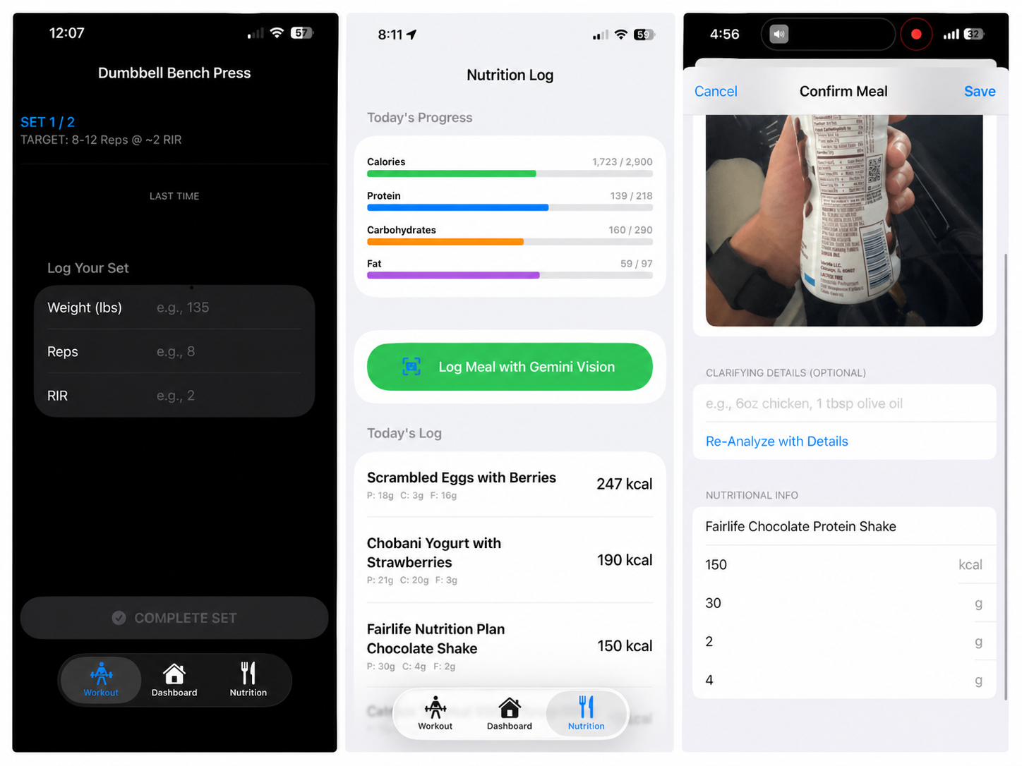 Three iOS Health App screens side by side: a dark-mode Dumbbell Bench Press set logger, a Nutrition Log with macro progress bars and meal list, and a Confirm Meal screen using a photo of a Fairlife bottle to extract nutrition details