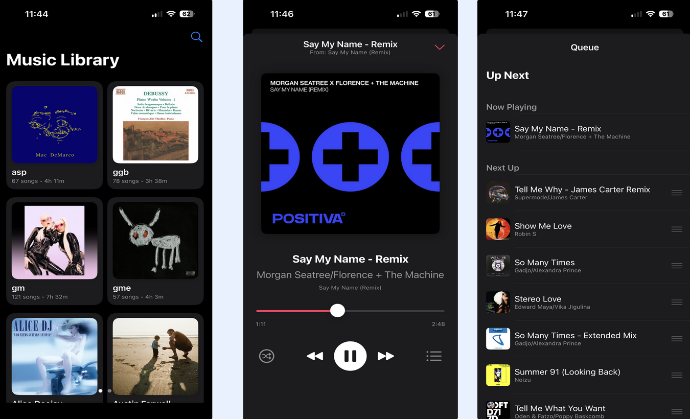 Three dark-mode iOS Music App screens side by side: a Music Library album grid, a Now Playing screen for Say My Name - Remix, and a Queue screen with an Up Next list