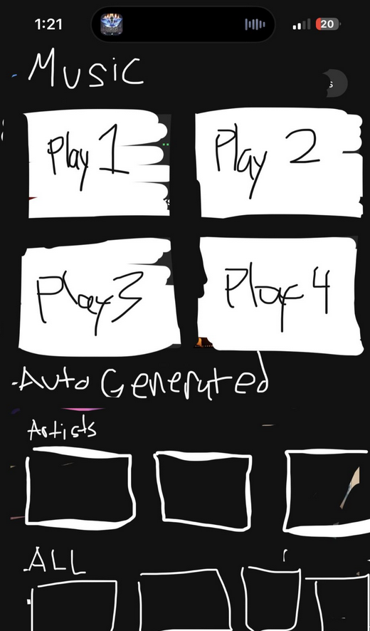 Hand-drawn paper wireframe of music app — five crude rectangular buttons labeled 'Play 1, Play 2, Play 3, Play 4, Auto Generated, Artists, ALL' under the title 'Music'