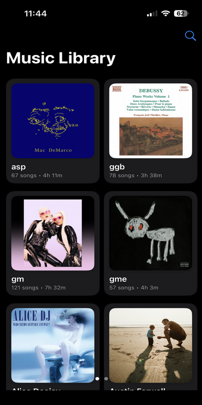 Dark-mode iPhone Music Library screen with a two-column grid of album tiles including Mac DeMarco, Debussy, Alice DJ, and Austin Farwell