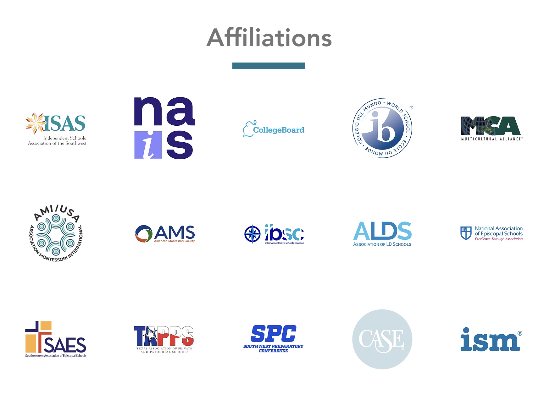 ISAAD Affiliations section — large Affiliations heading above a grid of partner organization logos including ISAS, NAIS, College Board, International Baccalaureate, MSA, AMS, IBSC, ALDS, NAES, SAES, TAPPS, SPC, CASE, and ISM