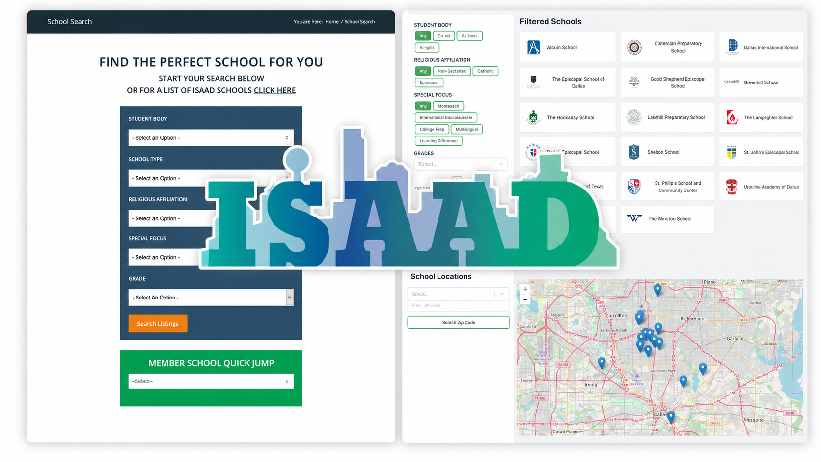 ISAAD website rebuild overview — old dropdown-heavy School Search page beside the rebuilt filter panel, member-school card grid, Dallas locations map, and large ISAAD logo overlay
