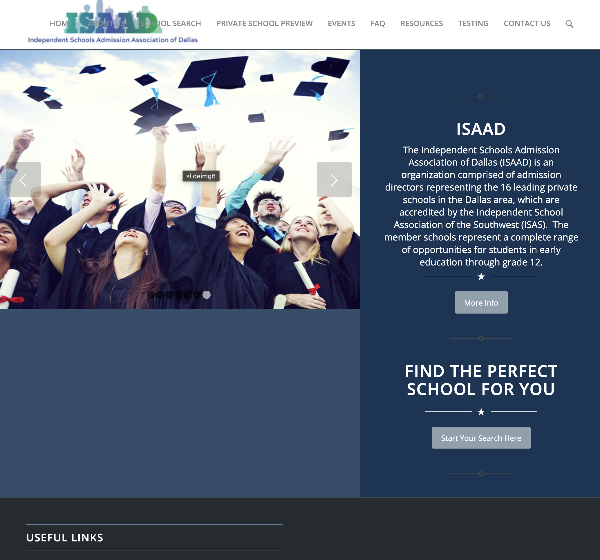 Old ISAAD WordPress landing page — oversized logo and top navigation, dated stock graduation photo carousel, dark blue information panel with centered consortium copy, and a large 'Find the Perfect School for You' call-to-action below