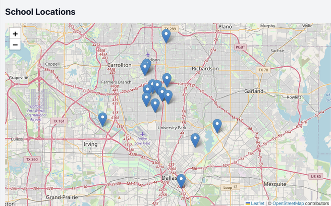 School Locations map on the ISAAD School Search page — Dallas-area street map with zoom controls and sixteen blue pins clustered around central Dallas, with additional pins toward Irving, Richardson, Garland, and Mesquite