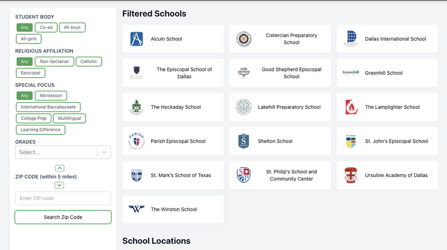 New ISAAD School Search page — left sidebar with green filter chips for Student Body, Religious Affiliation, and Special Focus, a Grades dropdown, and ZIP code search; main pane titled Filtered Schools with cards for the sixteen member schools and a School Locations heading below