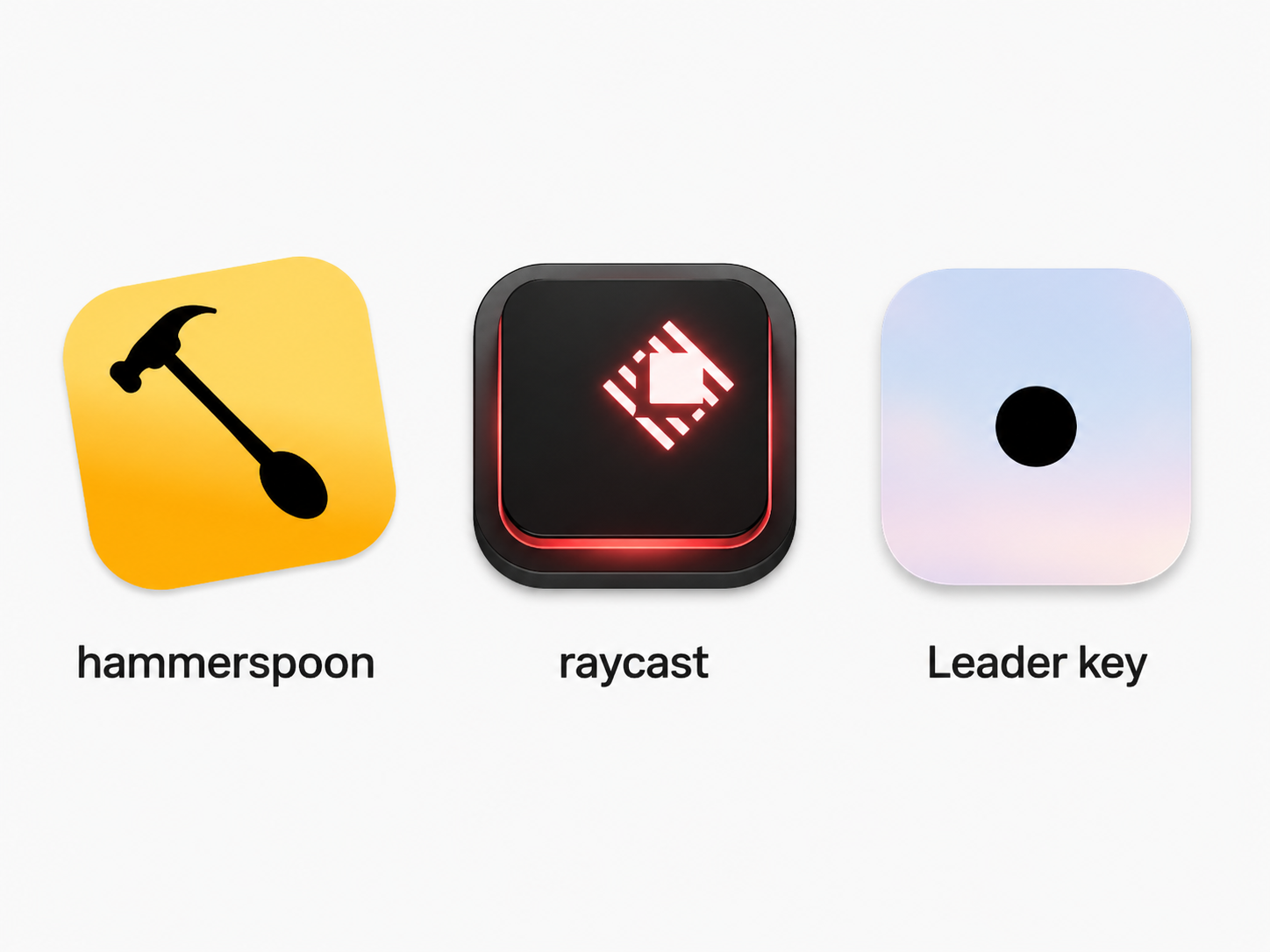 Three macOS customization layers shown as large icons labeled hammerspoon, raycast, and Leader key