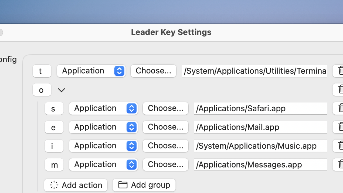 Leader Key Settings window showing keyboard sequences mapped to Terminal, Safari, Mail, Music, and Messages