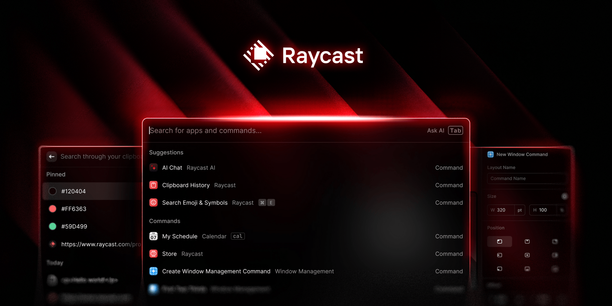 Raycast command center over a red dark background with search suggestions, clipboard history, AI Chat, emoji search, calendar, store, and window management commands
