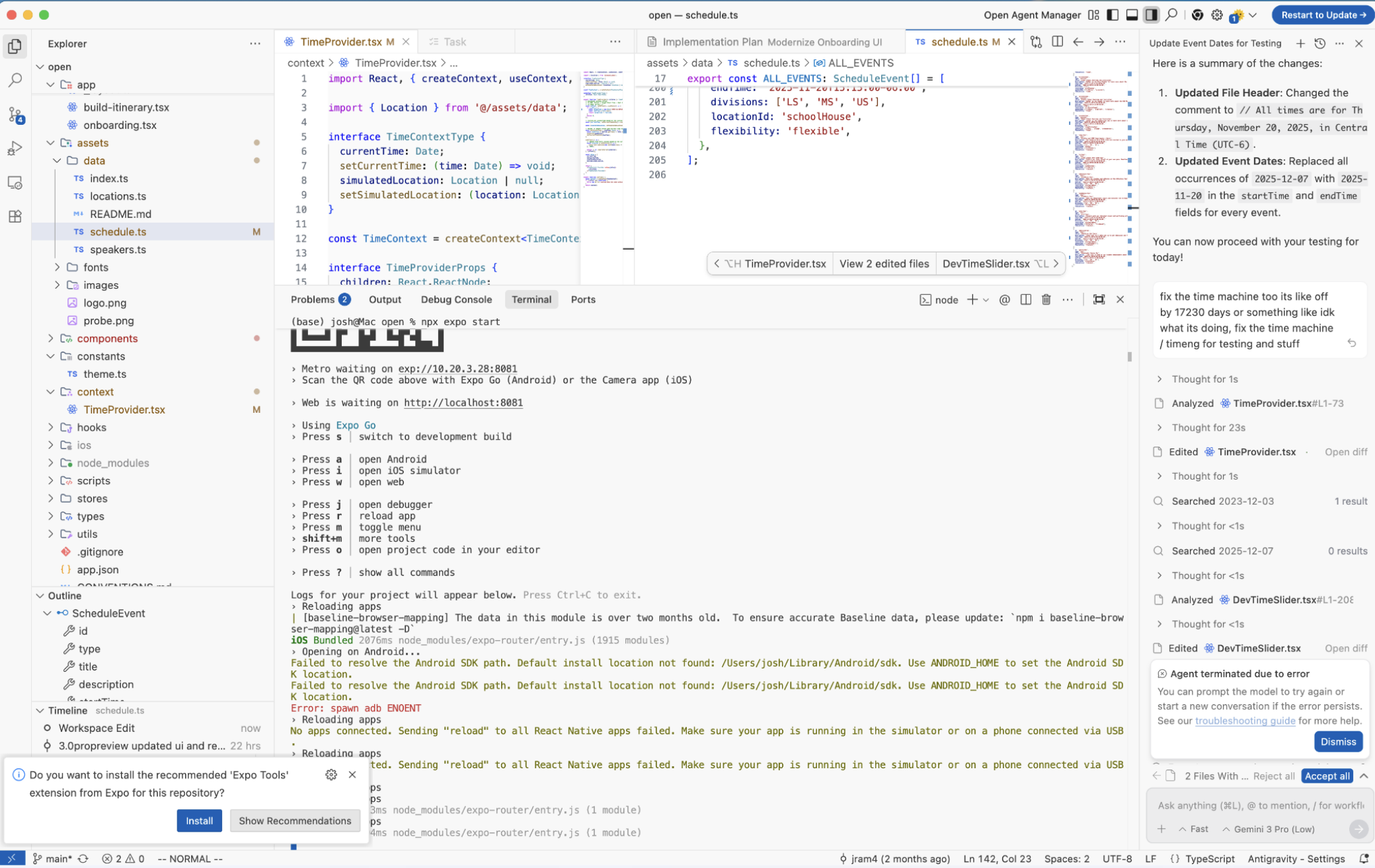 Google Antigravity IDE showing the Open House React Native project, schedule.ts and TimeProvider.tsx open, Expo terminal logs, and an agent panel describing event date updates before an agent terminated error