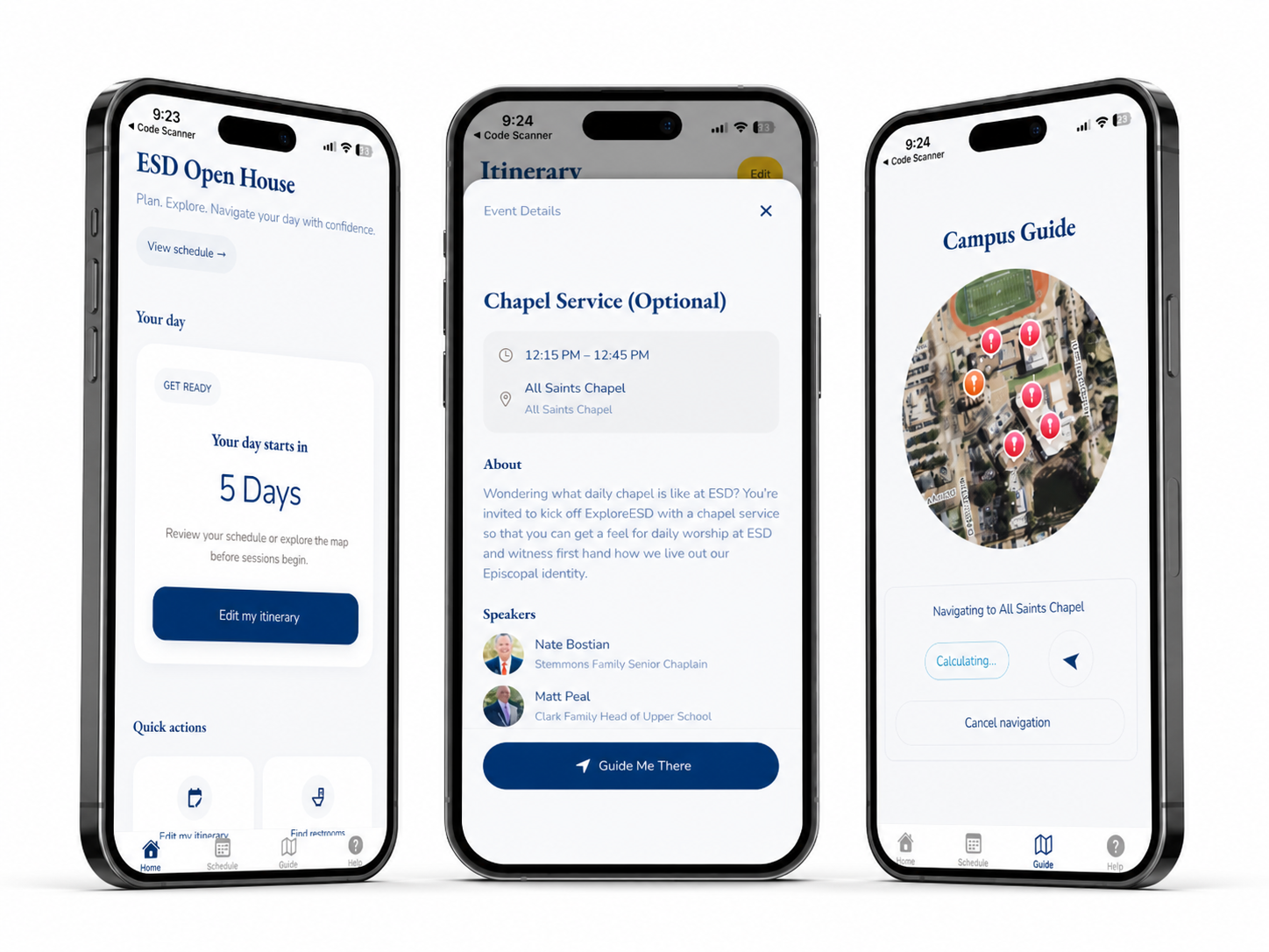 Three angled iPhone mockups of the final ESD Open House app showing the home countdown screen, an Event Details modal for Chapel Service with speakers, and a Campus Guide navigation screen
