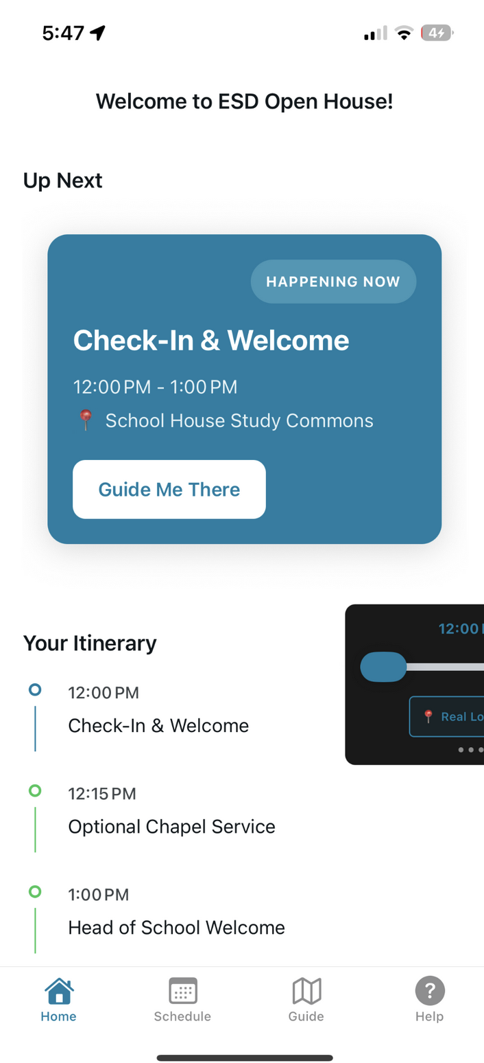 Original ESD Open House iPhone home screen showing a teal HAPPENING NOW card for Check-In and Welcome, a Guide Me There button, and a simple itinerary timeline below