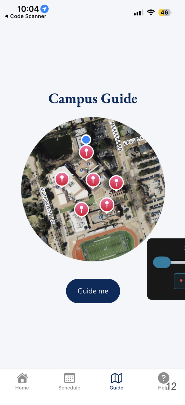 Final Campus Guide iPhone screen with a circular satellite map of the ESD campus, red location pins, a blue current-location dot, and a dark blue Guide me button