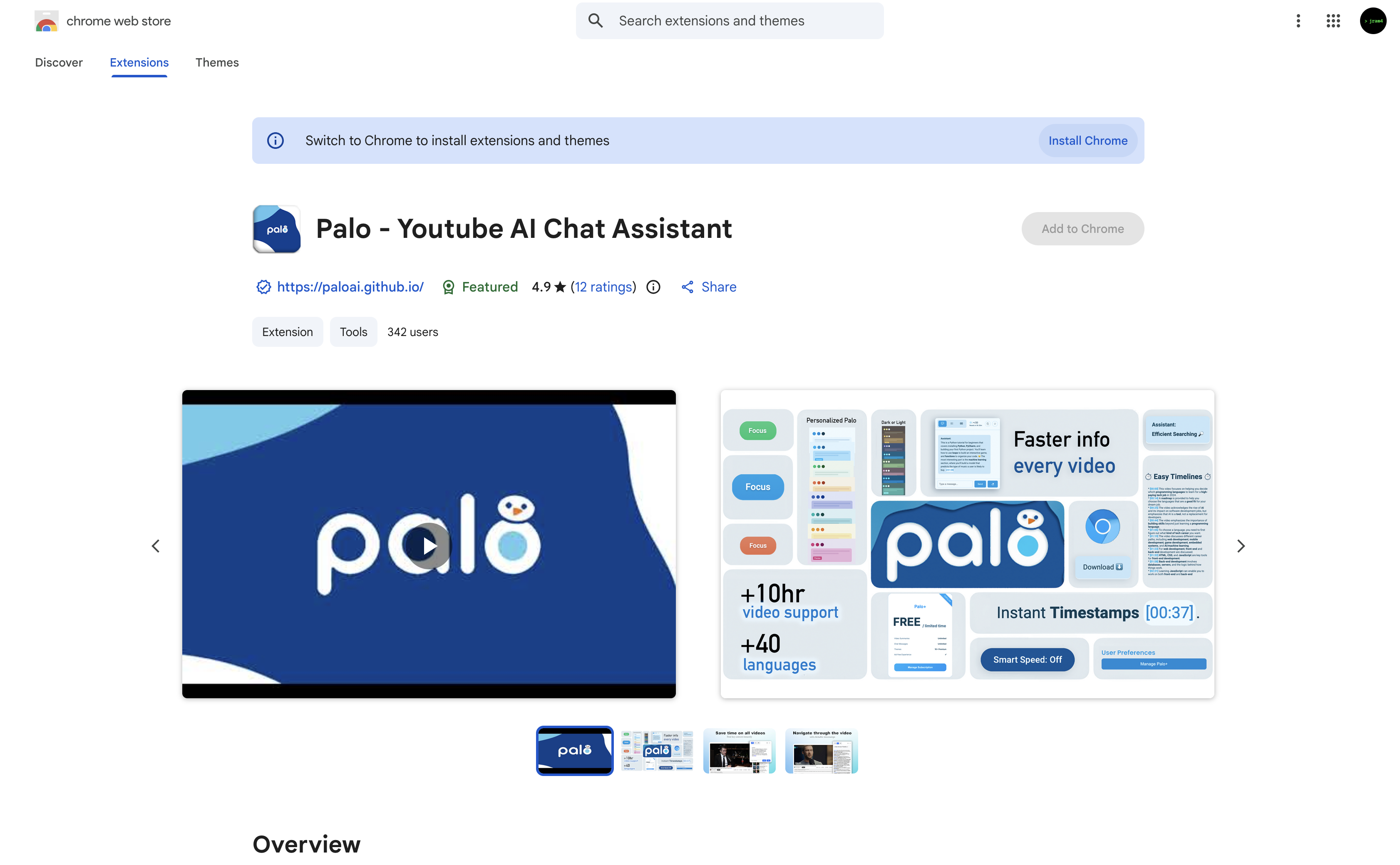 Chrome Web Store listing for Palo - Youtube AI Chat Assistant — Featured badge, paloai.github.io website link, 4.9 star rating across 12 ratings, 342 users, Add to Chrome button, promo video thumbnail, and feature screenshot carousel