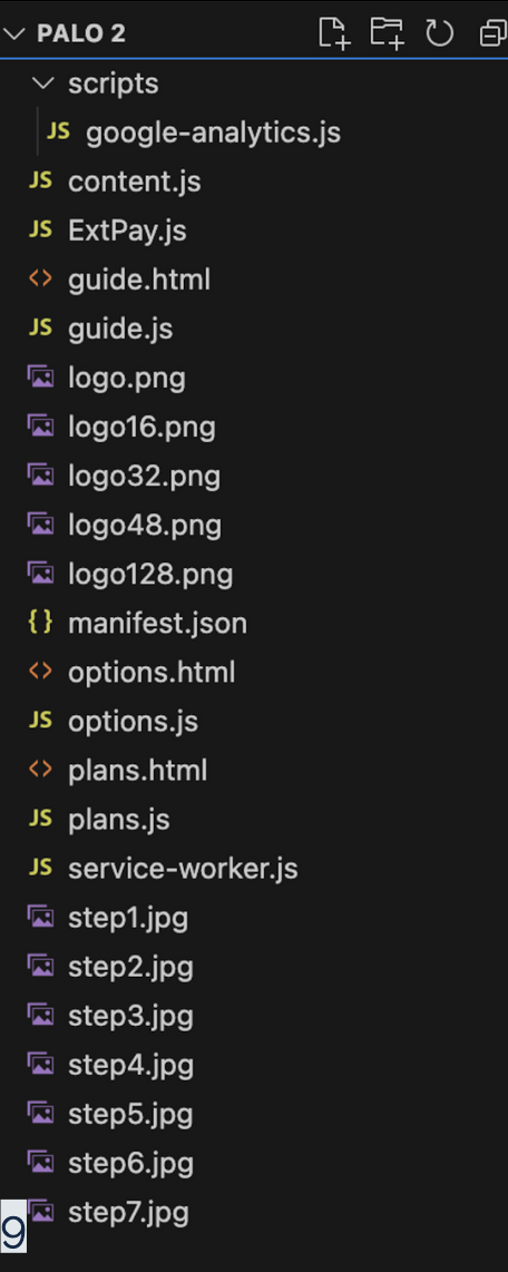 Dark-themed file explorer of the PALO 2 directory — a scripts folder plus google-analytics.js, content.js, ExtPay.js, guide.html, guide.js, logo assets, manifest.json, options.html, options.js, plans.html, plans.js, service-worker.js, and seven step guide images