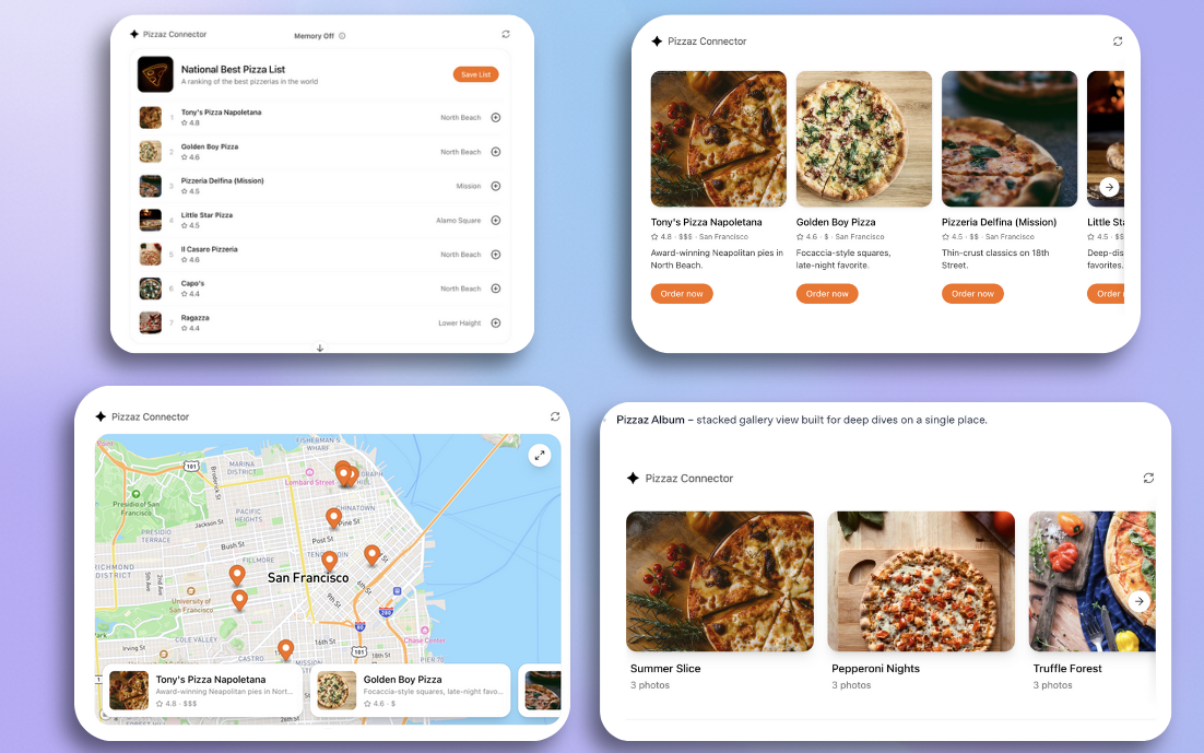Apps SDK Pizzaz Connector mockups showing ranked pizza list, map pins, horizontal restaurant cards, and stacked photo albums