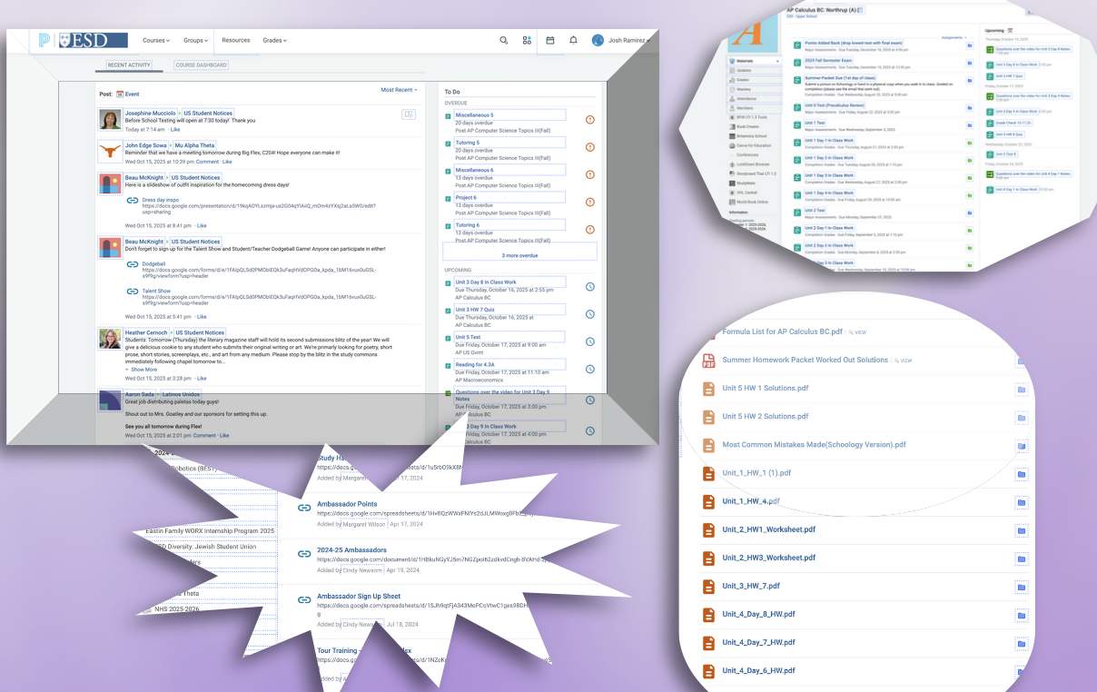 Cluttered Schoology collage showing a busy dashboard feed, overdue and upcoming columns, and long AP Calculus folders full of worksheets and solutions