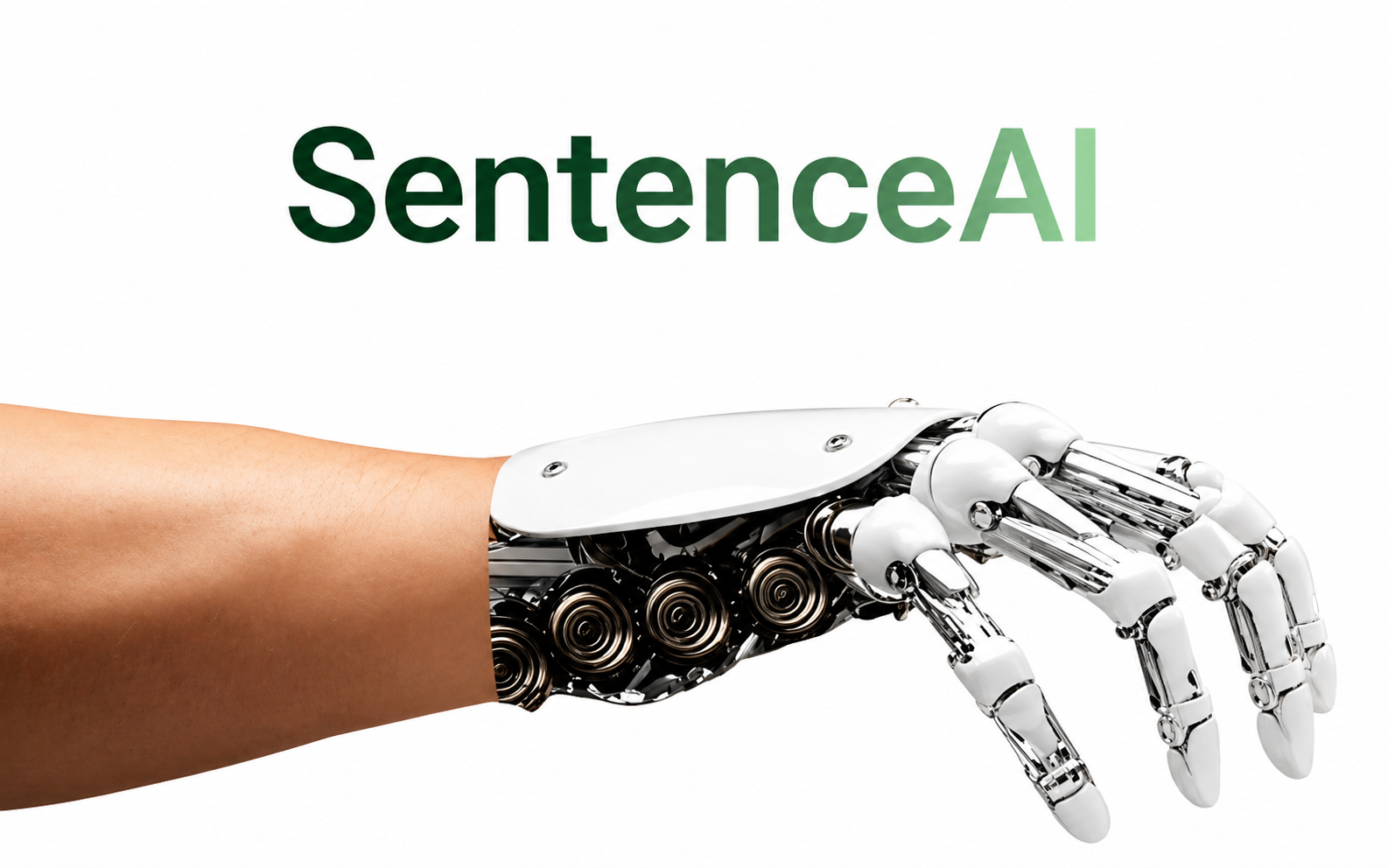 SentenceAI title image — green SentenceAI wordmark above a realistic robotic hand connected to a human forearm on a clean white background