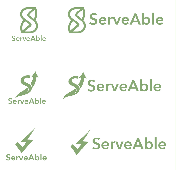 Six ServeAble logo draft lockups on a white background — three green symbol directions paired with the ServeAble wordmark, including a leaf-shaped S, an arrow-like S leaf, and a sharp lightning-check mark