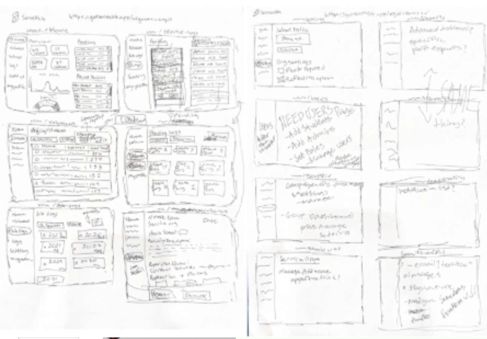 Blurred notebook spread of hand-drawn Serveable wireframes — admin overview, approvals queue, student hours screens, group settings, pricing, landing page, and dashboard notes sketched in pencil across two pages