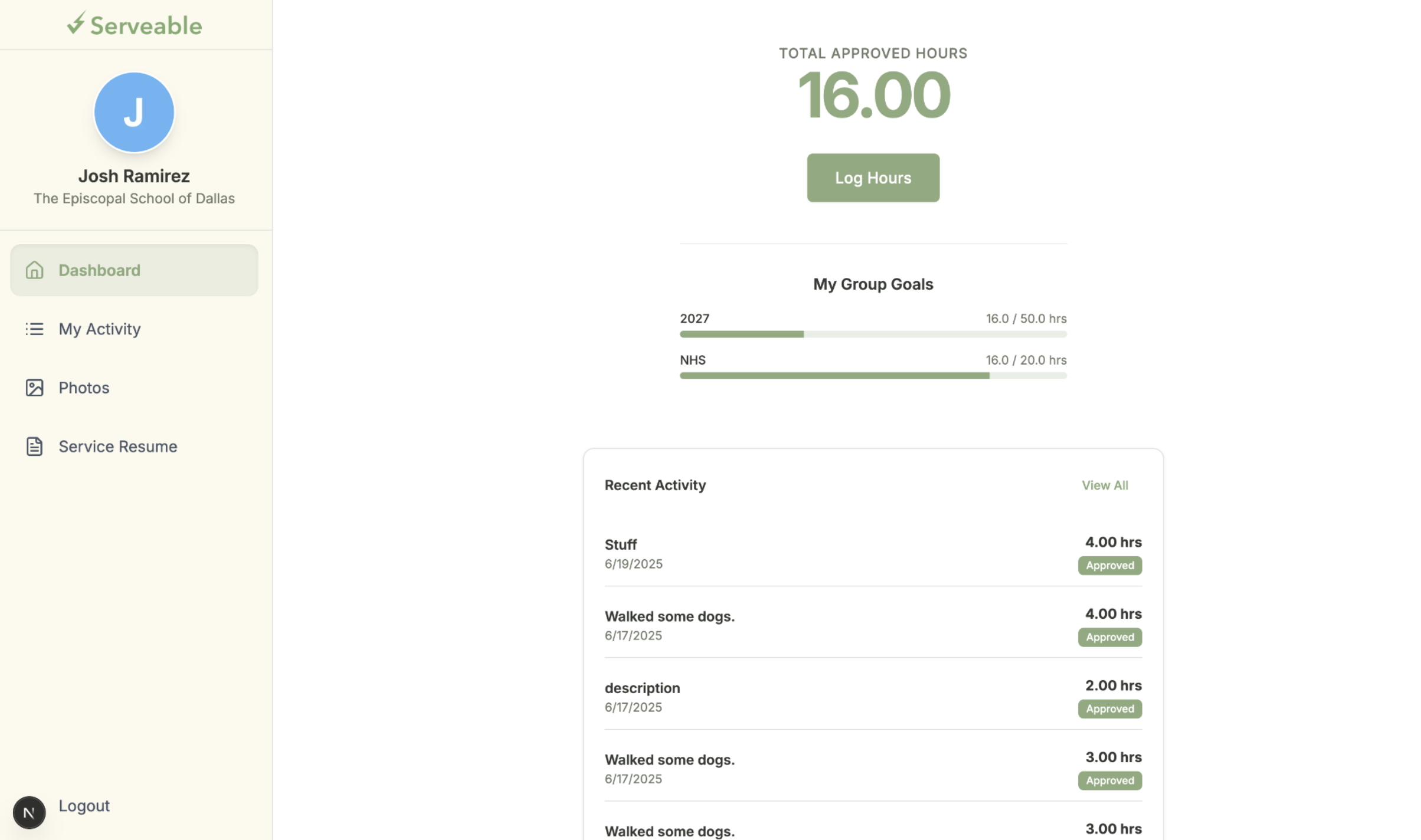 Serveable student dashboard screenshot — cream sidebar with Josh Ramirez profile, large green 16.00 Total Approved Hours, Log Hours button, My Group Goals progress bars for 2027 and NHS, and Recent Activity entries including 'Walked some dogs'