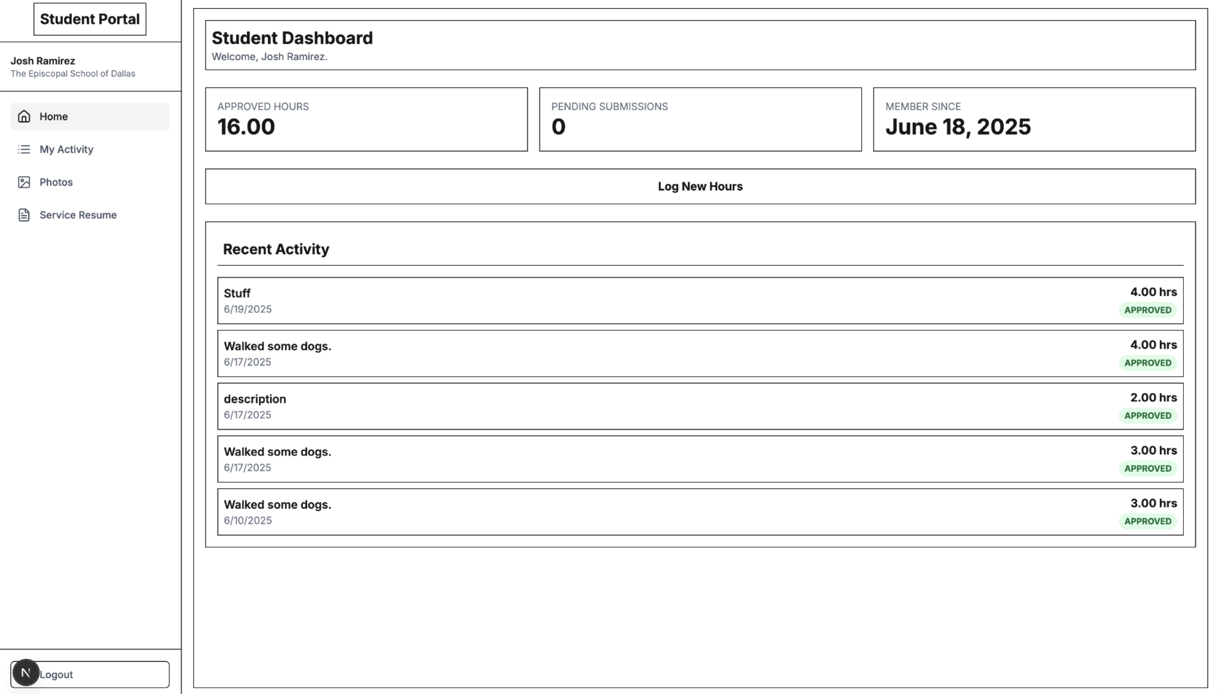 Early Serveable student dashboard skeleton — black-outlined wireframe with sidebar navigation, approved hours card, pending submissions, member-since card, Log New Hours button, and Recent Activity rows