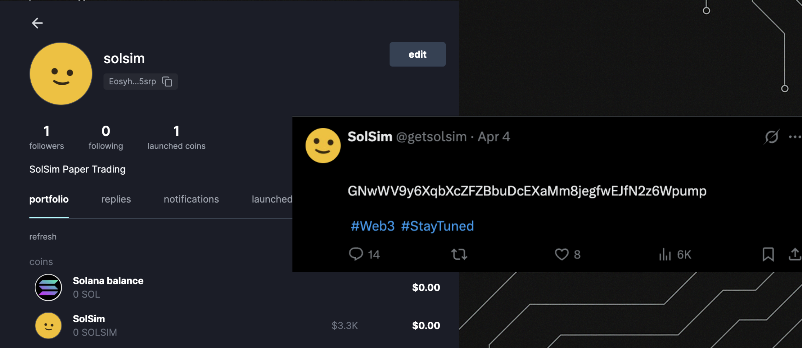 Twitter / X post from SolSim @getsolsim dated Apr 4 — entire tweet body is the Solana contract address GNwWV9y6XqbXcZFZBbUDcEXaMm8jegfwEJfN2z6Wpump followed by #Web3 #StayTuned, with engagement of 14 replies, 8 likes, and 6K views