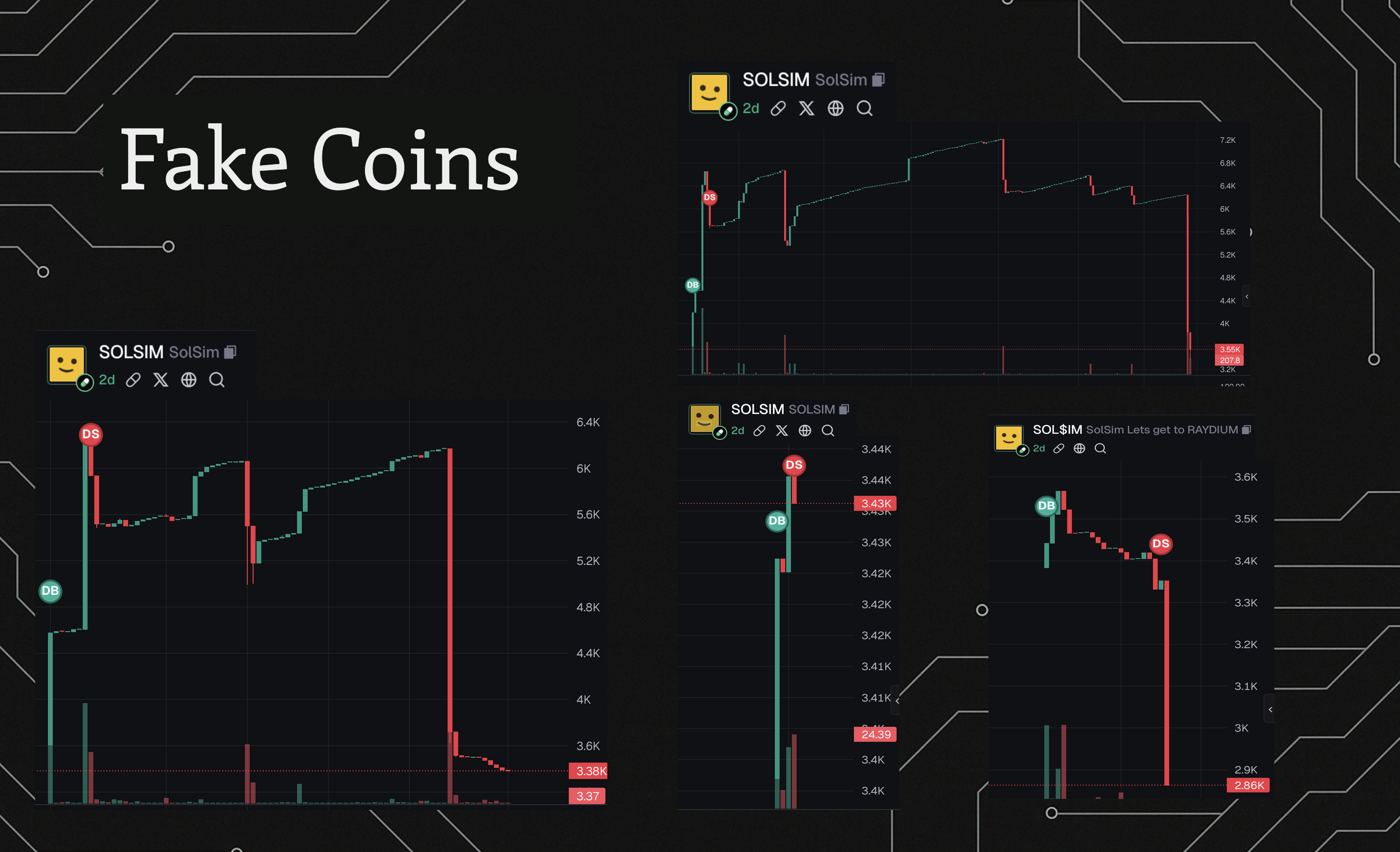 Copycat Coins collage showing multiple SOLSIM and SOL$IM candlestick charts on a dark circuit-board background