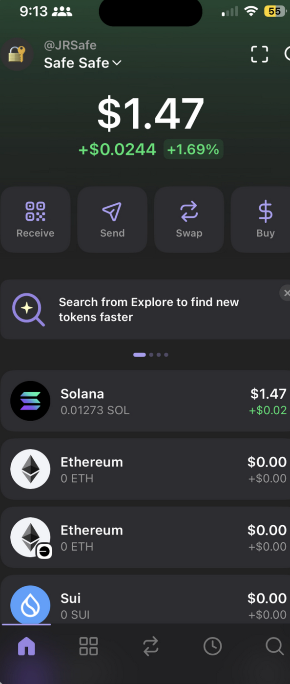 Phantom mobile wallet on iPhone — account @JRSafe / Safe Safe — total balance $1.47 (+$0.0244, +1.69%), Solana holding of 0.01273 SOL worth $1.47, Ethereum and Sui at $0.00, with Receive / Send / Swap / Buy action buttons across the top
