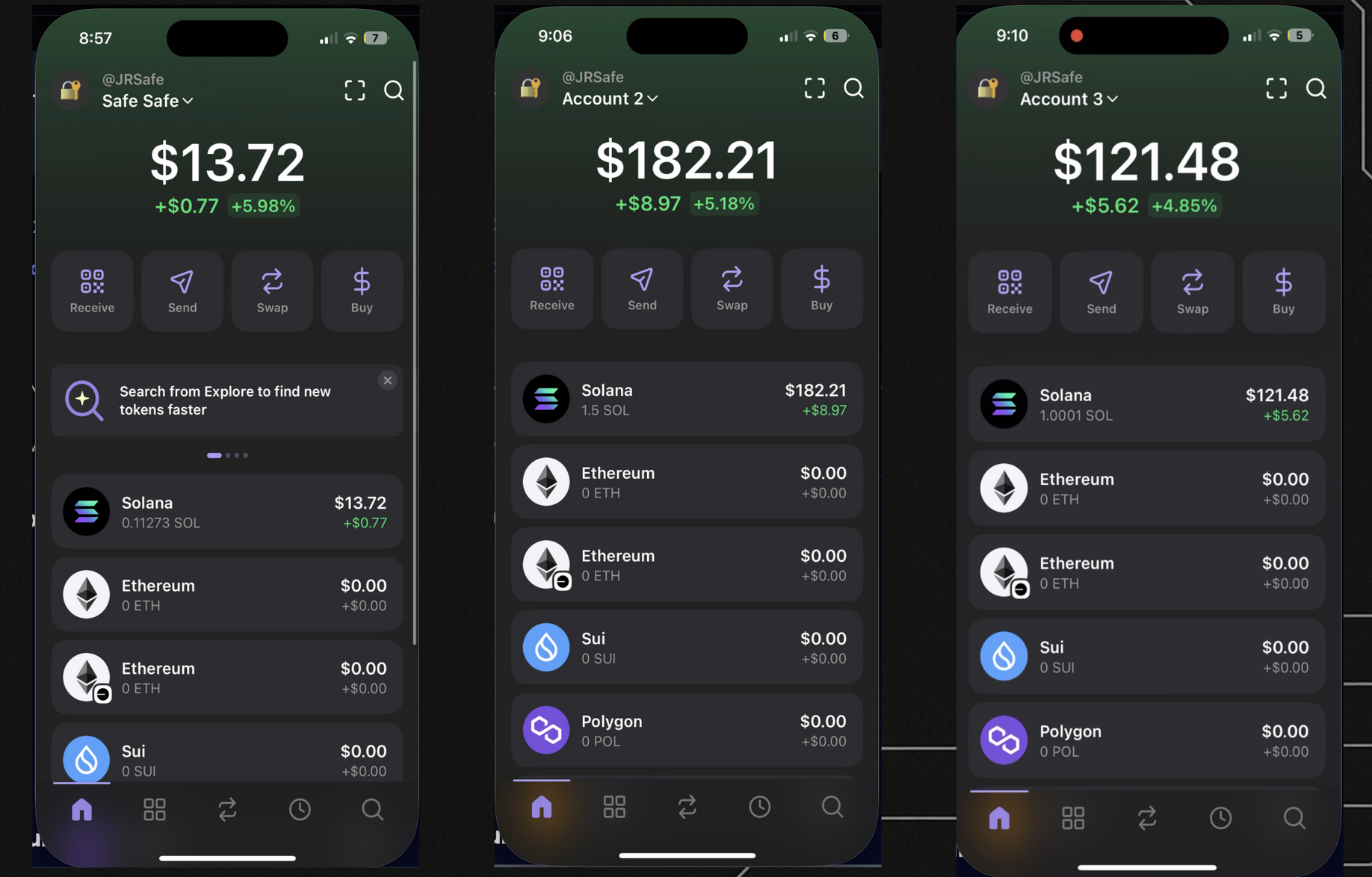 Three Phantom mobile wallets side by side under the @JRSafe profile — Safe Safe at $13.72 / 0.11273 SOL, Account 2 at $182.21 / 1.5 SOL, Account 3 at $121.48 / 1.0001 SOL — with a sliver of a notification tray on the far left showing 12 Discord pings and three other red badges
