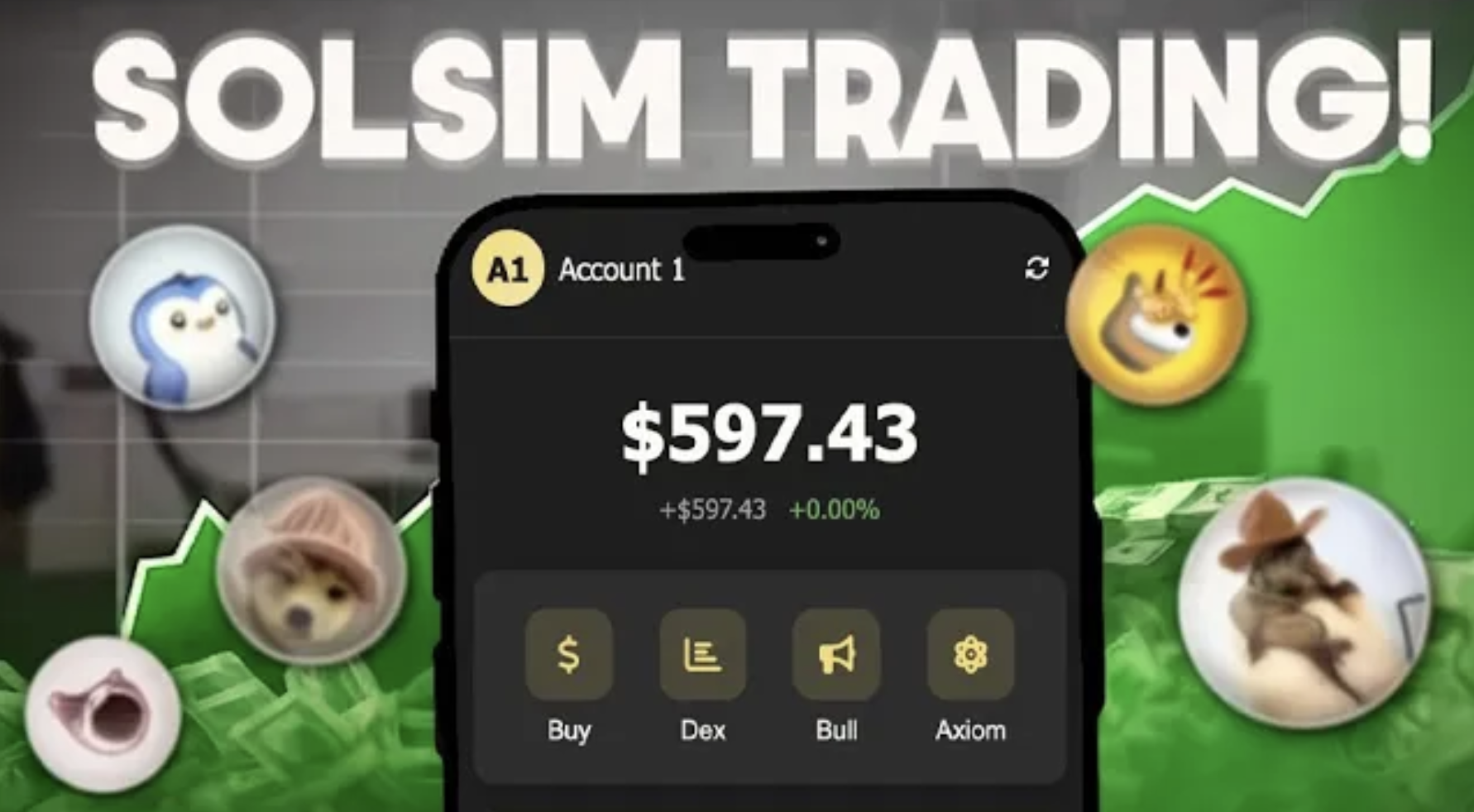 SolSim Trading hero image with large white SOLSIM TRADING text, a phone showing a simulated $597.43 account balance, token icons, and a green upward chart background