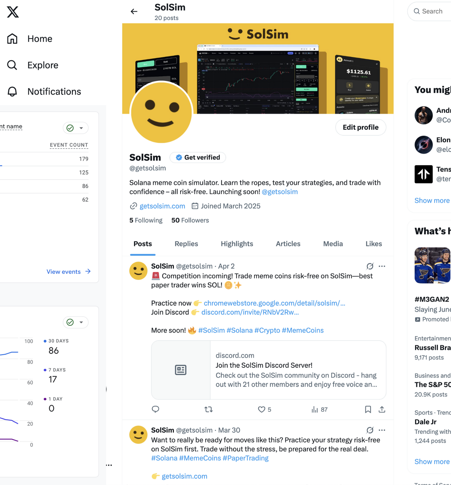 Twitter / X profile for SolSim @getsolsim — yellow smiley profile picture, banner of stitched-together app screenshots, bio reading 'Solana token simulator. Learn the ropes, test your strategies, and trade with confidence — all risk-free.', joined March 2025, 5 Following / 50 Followers, pinned tweets including the Apr 2 competition announcement and a Mar 30 strategy reminder