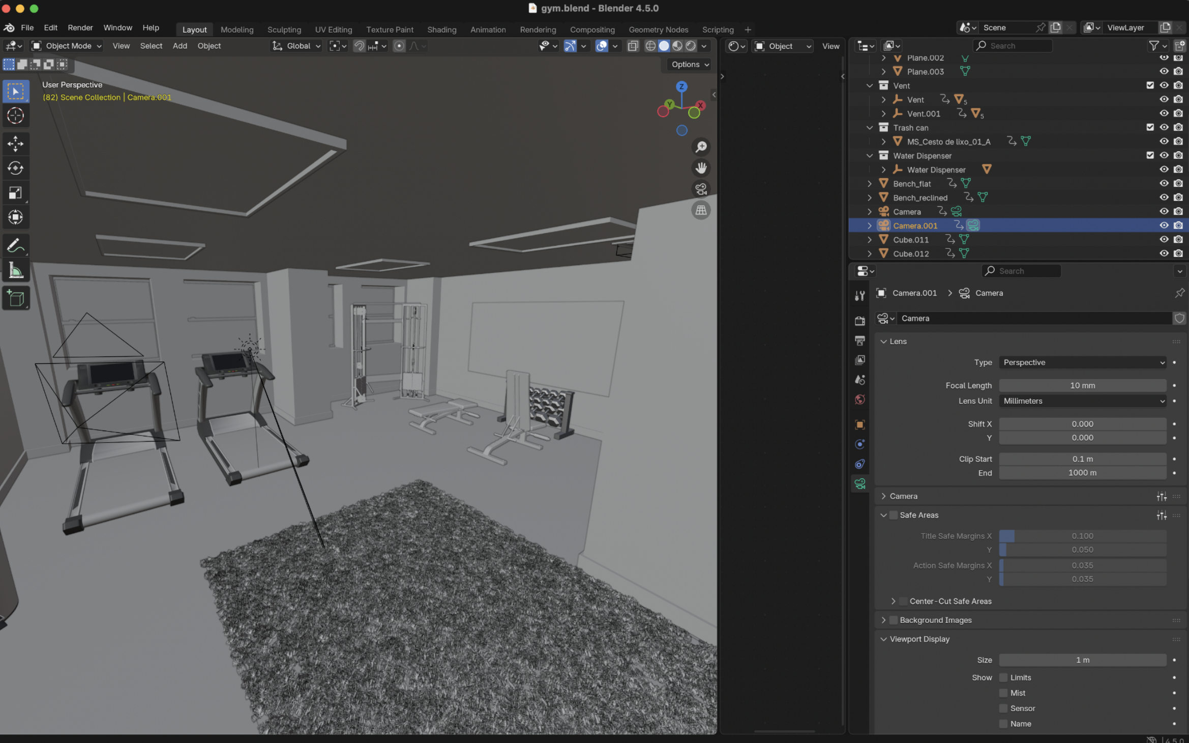Blender viewport screenshot of the Spruce Tower gym model — grey untextured room with two treadmills by the windows, cable machine, bench, dumbbell rack, mirror, ceiling lights, and camera selected in the outliner