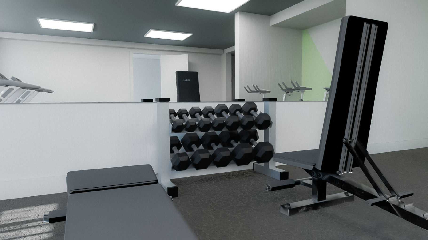 Photorealistic Blender render of the Spruce Tower gym — black weight bench in the foreground, dumbbell rack and mirror behind it, ceiling light panels above, and treadmills reflected in the mirror