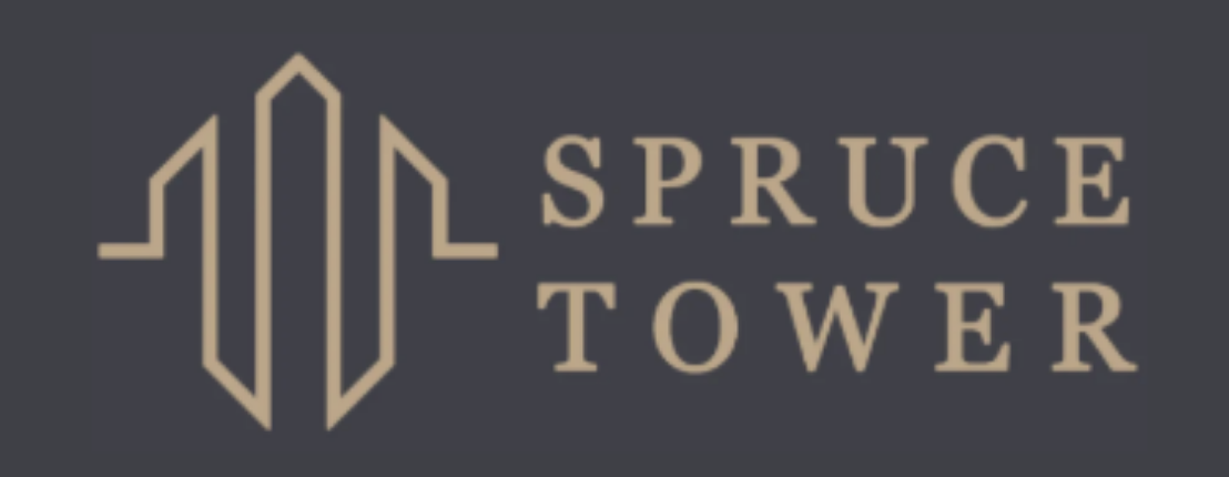 Spruce Tower logo card — dark gray rectangle with a stylized gold line-art building silhouette and 'SPRUCE TOWER' in spaced serif type